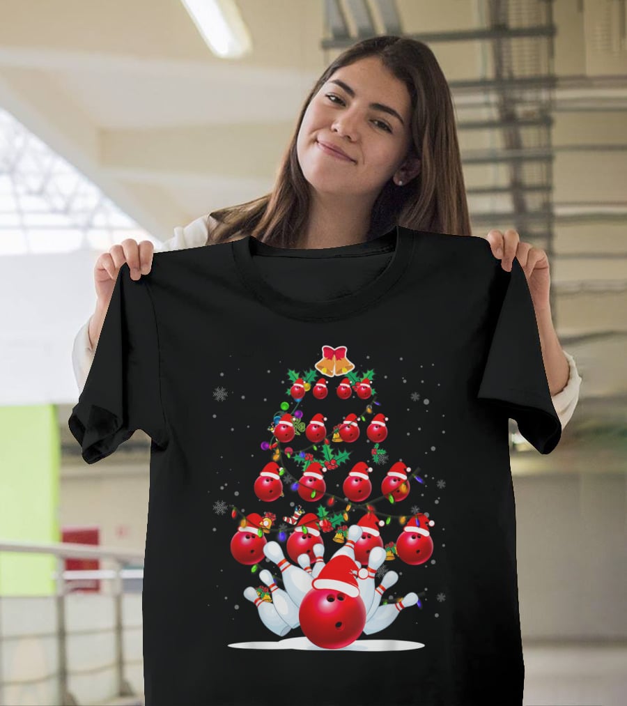 Bowling Ball Christmas Tree With Santa Hats And Snowflakes T-Shirt