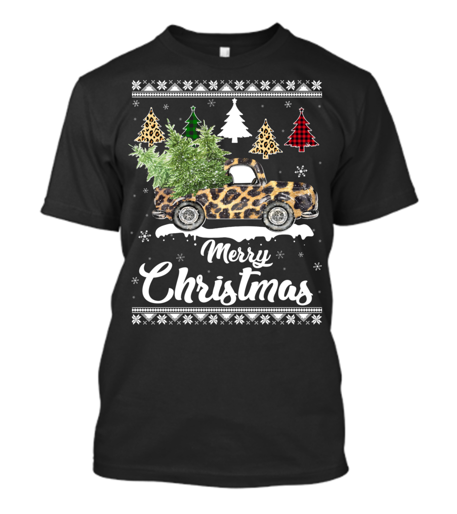 Merry Christmas Leopard Truck Plaid Trees Snowflakes T-Shirt