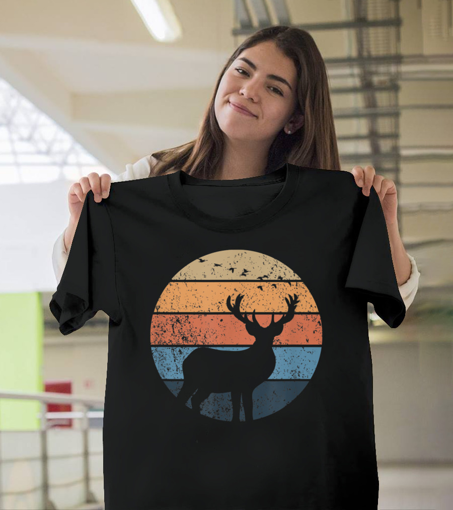 Deer Silhouette Retro Sunset with Flying Birds T-Shirt