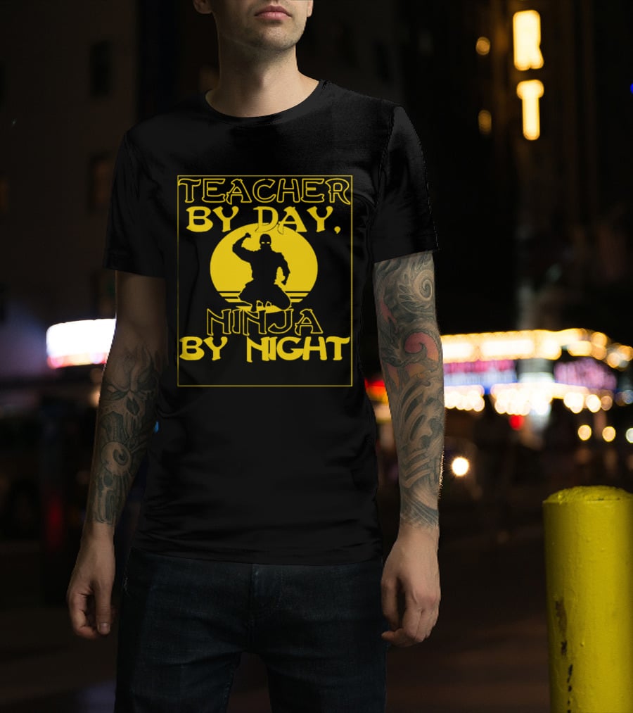 Teacher By Day Ninja By Night Silhouette Against Yellow Circle T-Shirt