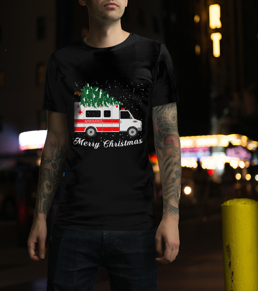 Merry Christmas Ambulance Carrying Christmas Tree In Snowfall T-Shirt