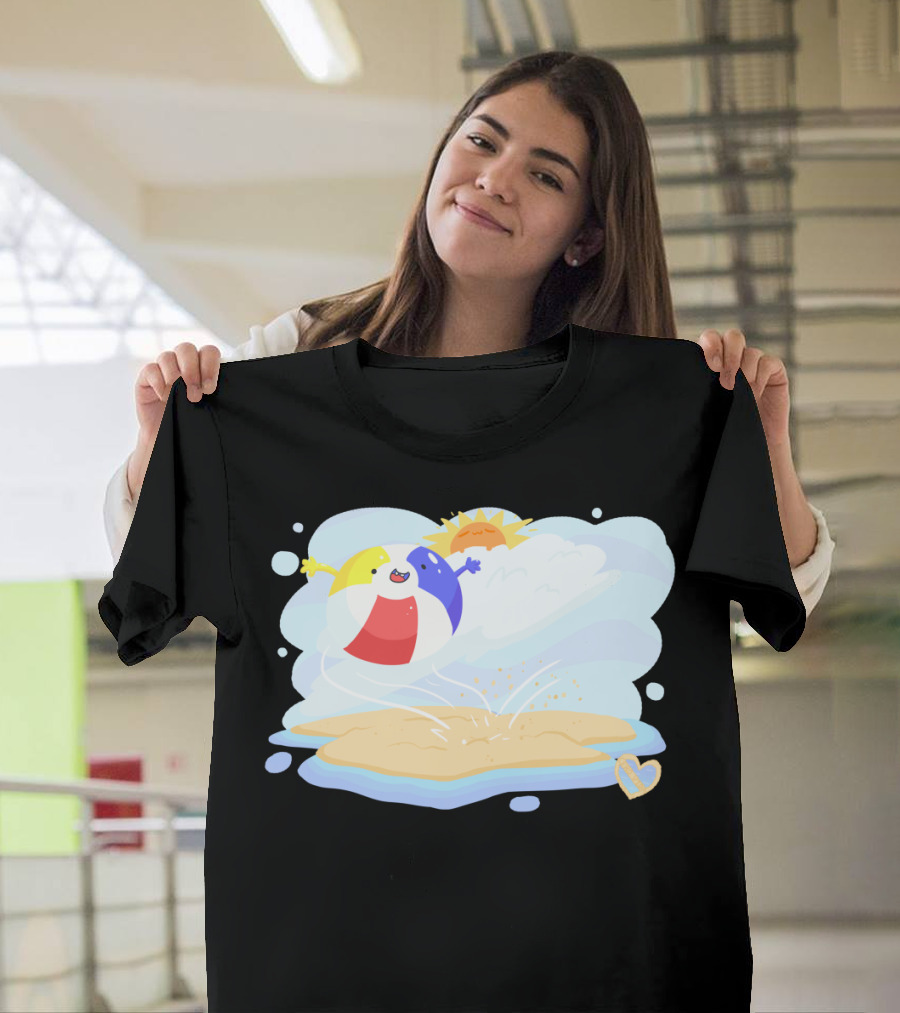 Cheerful Beach Ball and Sun Splashing on Sandy Island with Heart-Shaped Cloud T-Shirt