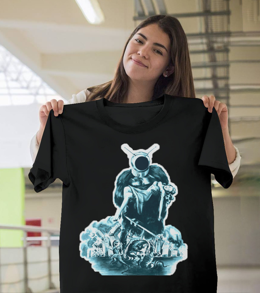 Giant Alien Robot Monster with Woman Over Ruined City and Sea Creatures T-Shirt