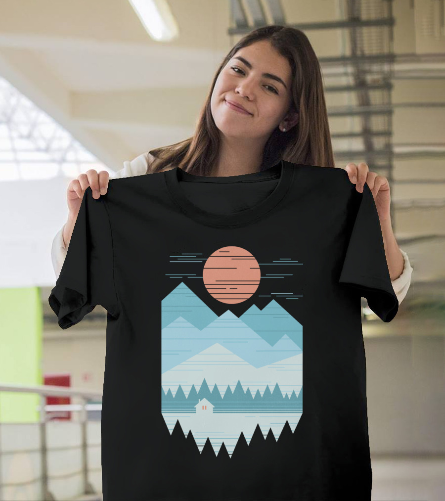 Cabin in the Snow with Geometric Mountains and Red Sun T-Shirt