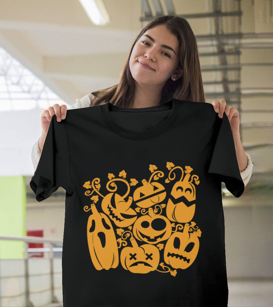 Funny Ugly Pumpkin Halloween Kids Jack-O'-Lantern Faces T-Shirt