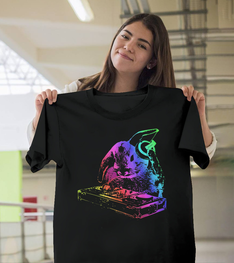 Rainbow DJ Rabbit with Headphones and Mixer T-Shirt