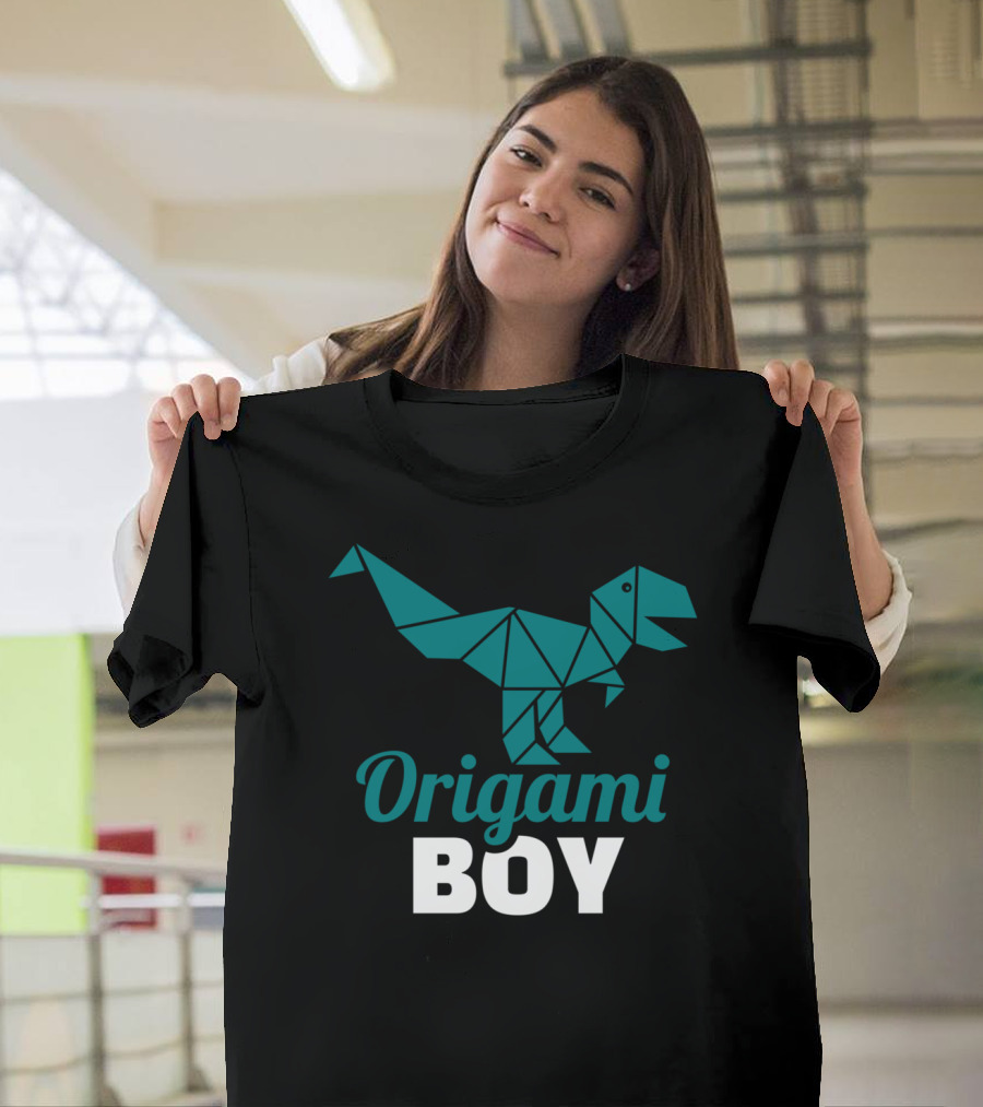 Origami Boy Dinosaur Design Green Geometric T-Rex T-Shirt