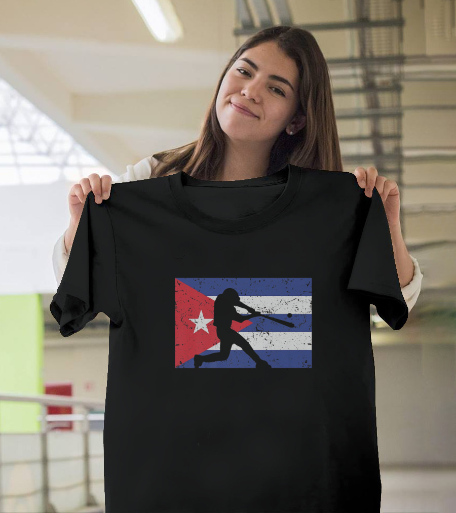 Baseball Player Silhouette Over Cuban Distressed Vintage Flag T-Shirt