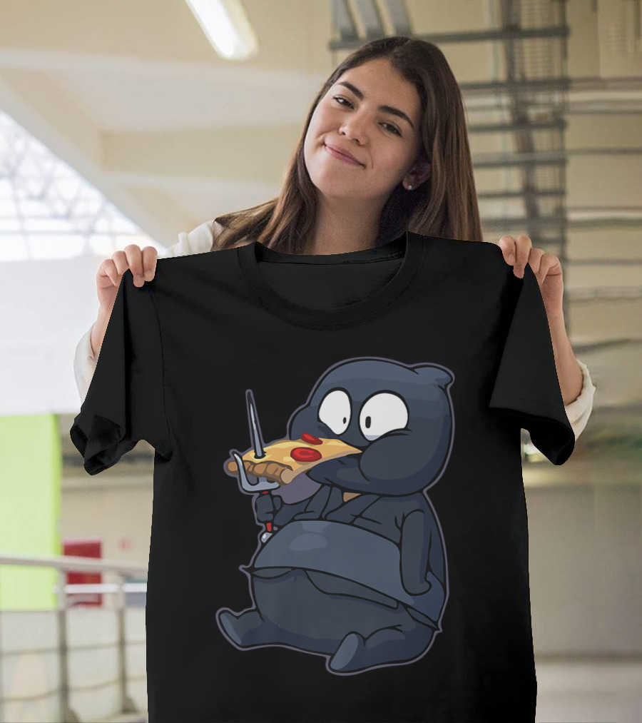 Funnny Fat Ninja Eating Pizza with Sword Quirky Dojo T-Shirt
