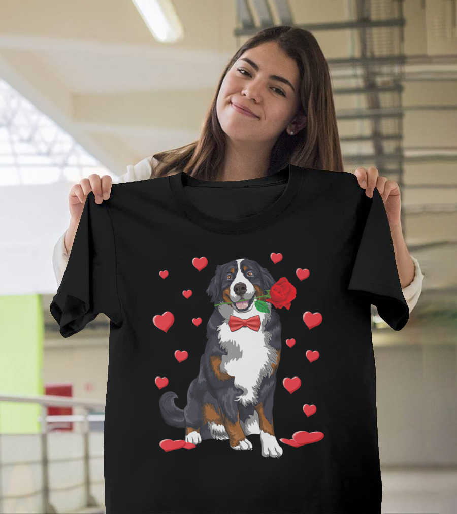 Bernese Mountain Dog with Hearts and Rose Valentine's Day T-Shirt