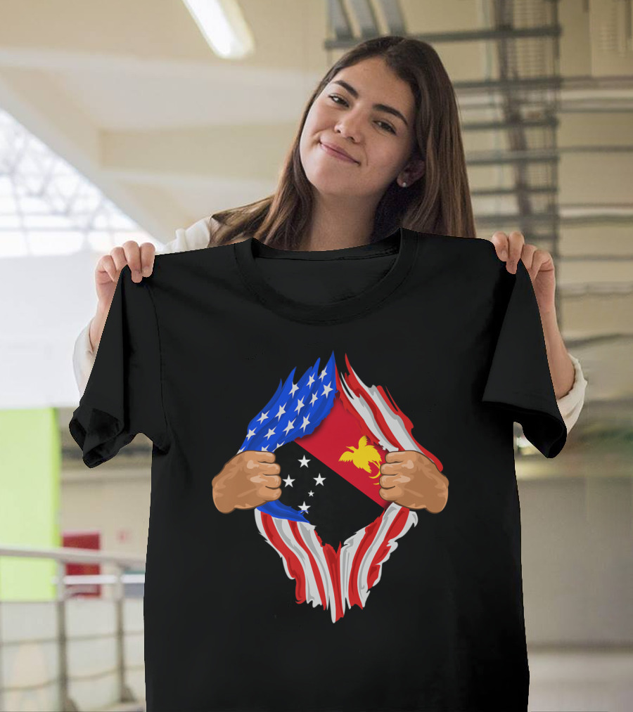 Papuan Blood Inside Me Papua New Guinea Flag American Flag Fusion T-Shirt