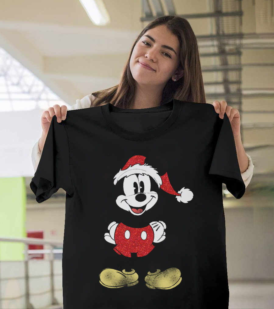Disney Mickey Mouse Cheerful Christmas Santa Hat Red and Black T-Shirt