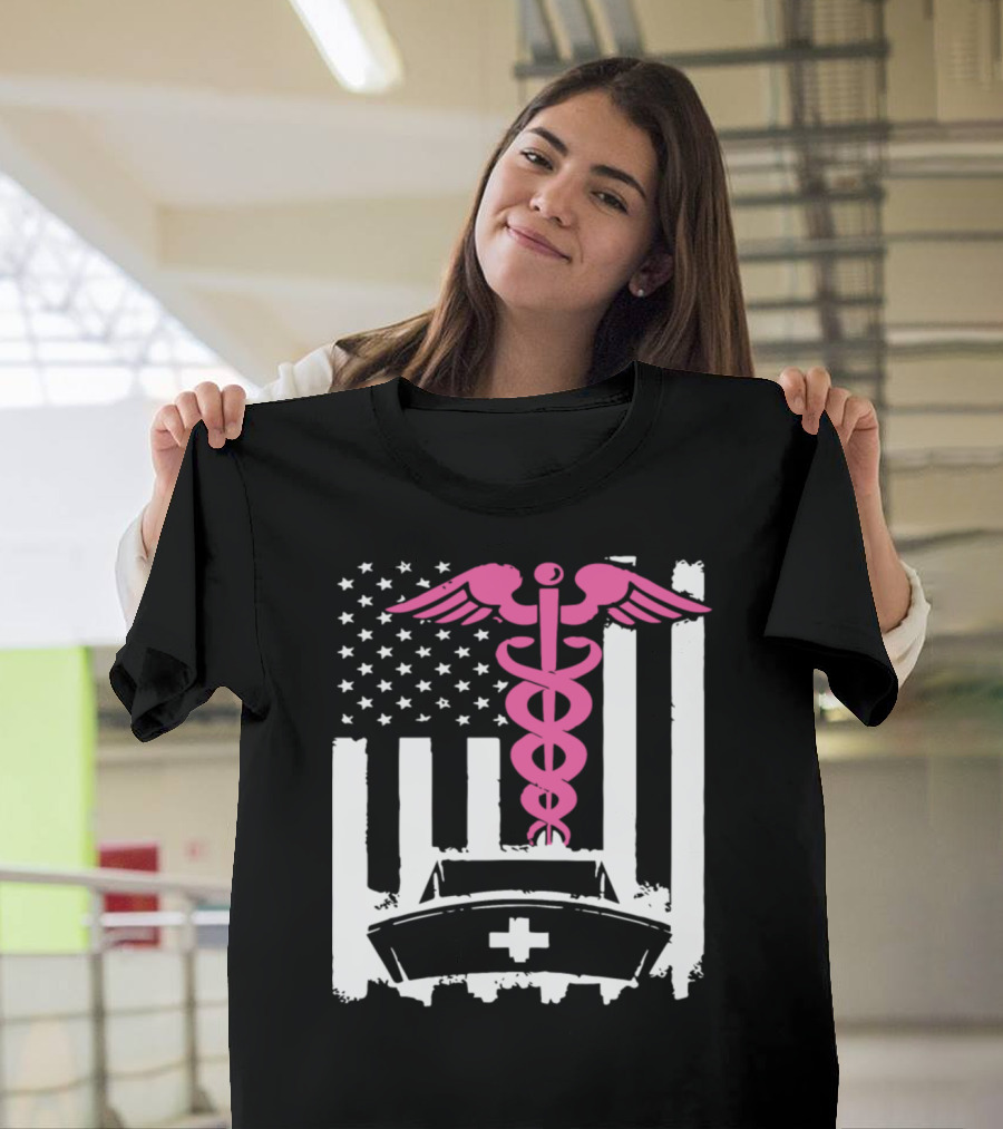 American Nurse Flag Caduceus Hat Gildan Women Nurse T-Shirt