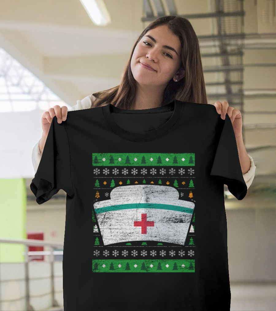Ugly Christmas Nurse Snowflakes Trees Nurse Hat T-Shirt