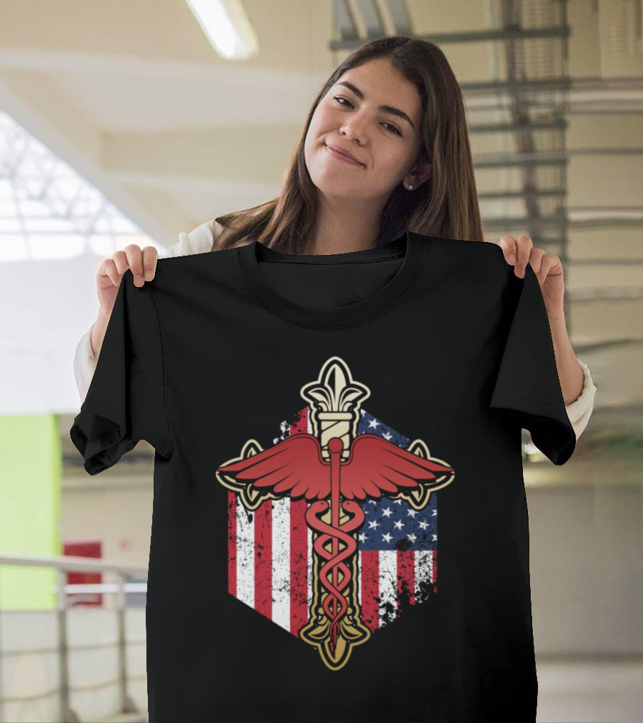 Nurse Caduceus American Flag with Greek God Hermes T-Shirt