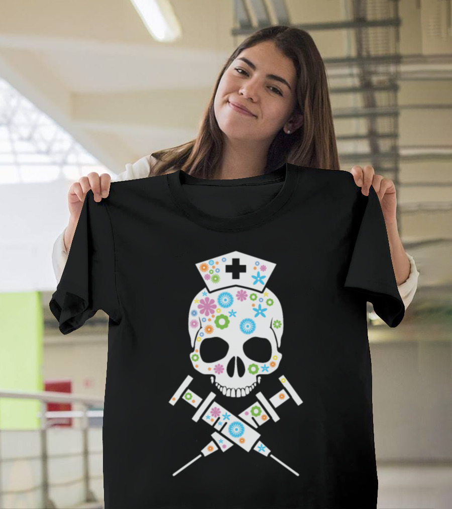 Nurse Skull Syringe Floral Medical Humor T-Shirt