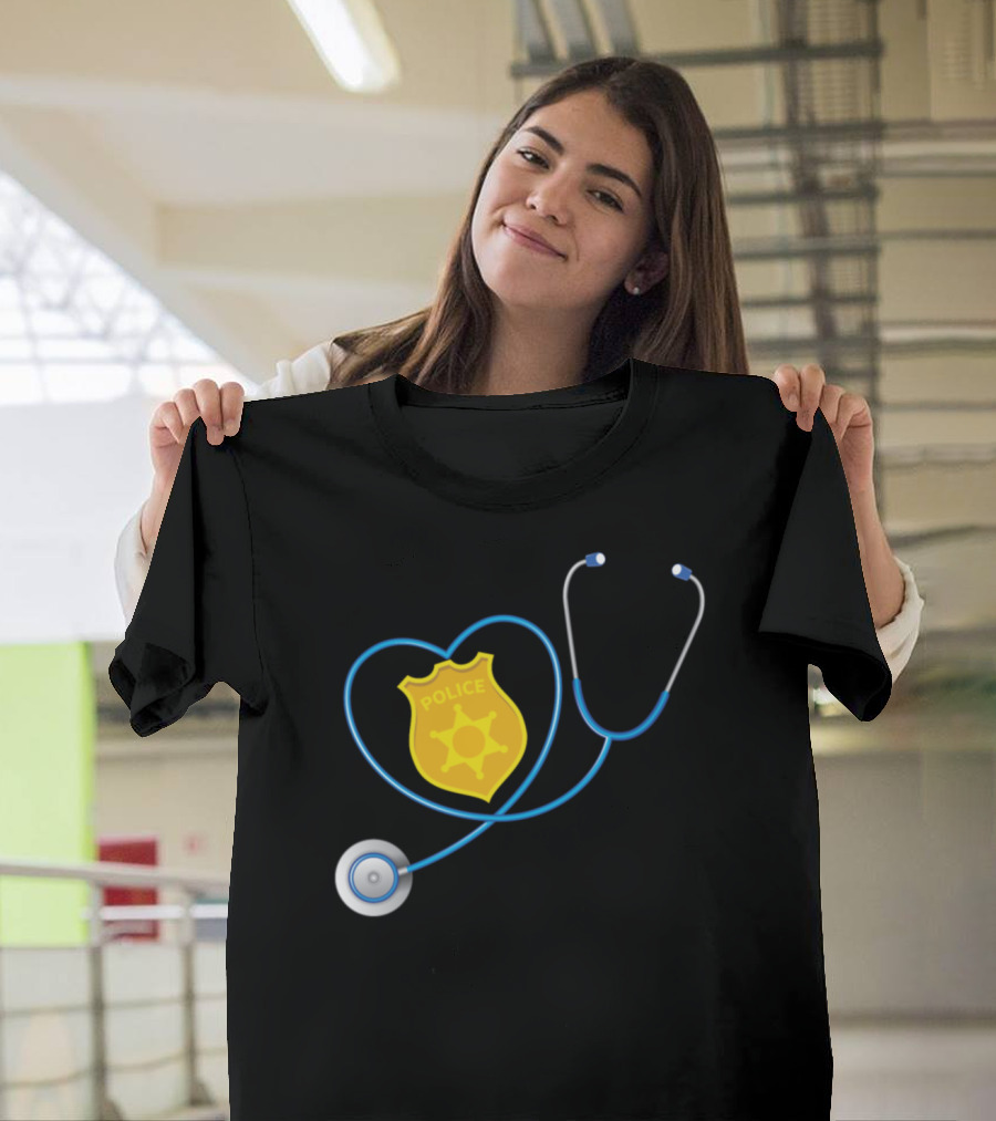 Nurse Wife Heart Stethoscope Police Officer Badge Cop Support T-Shirt