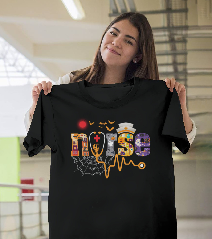 Nurse Halloween Pumpkin Witch Spider Web Boo Bats T-Shirt
