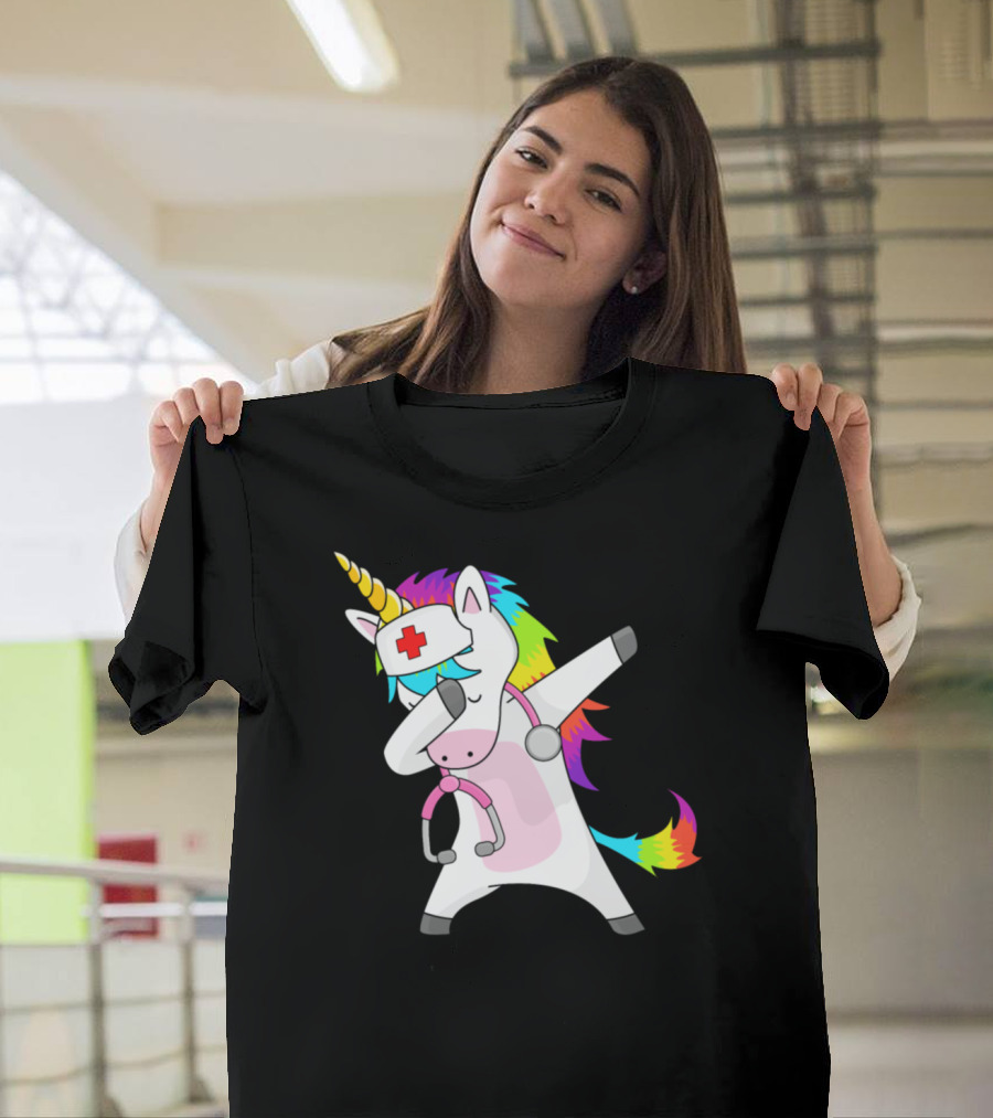 Dabbing Nurse Unicorn with Stethoscope and Rainbow Hair T-Shirt