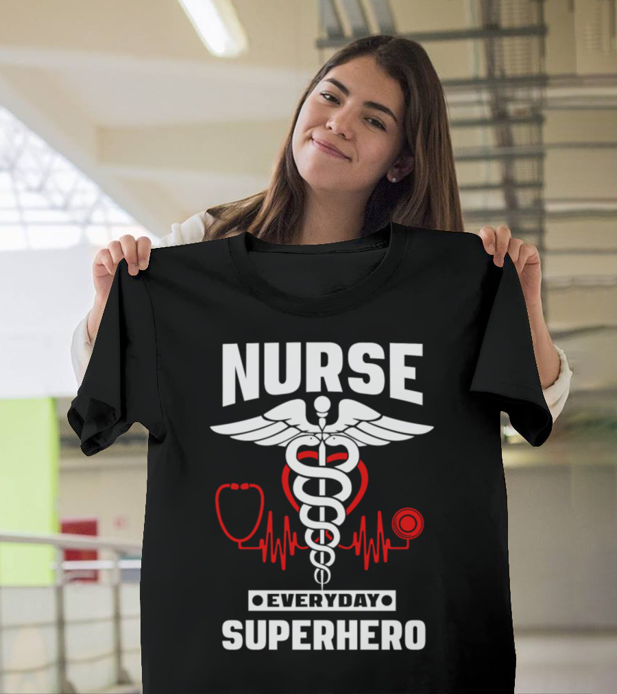 Nurse Everyday Superhero with Caduceus and Stethoscope Heartbeat T-Shirt