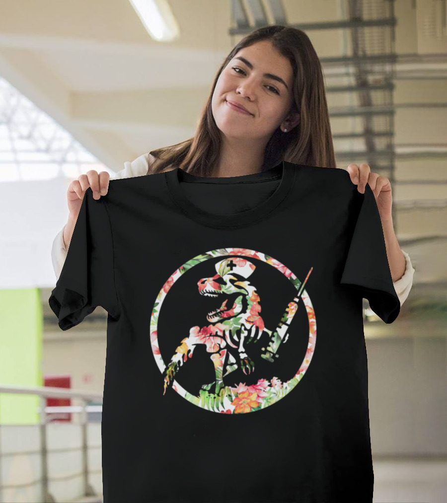 Floral Nurse Saurus Dinosaur Skeleton Circle T-Shirt