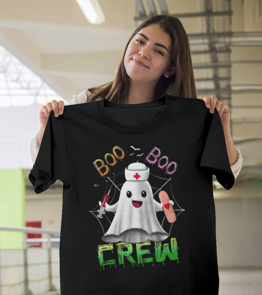 Boo Boo Crew Nurse Ghost with Syringe and Bandage on Spider Web T-Shirt