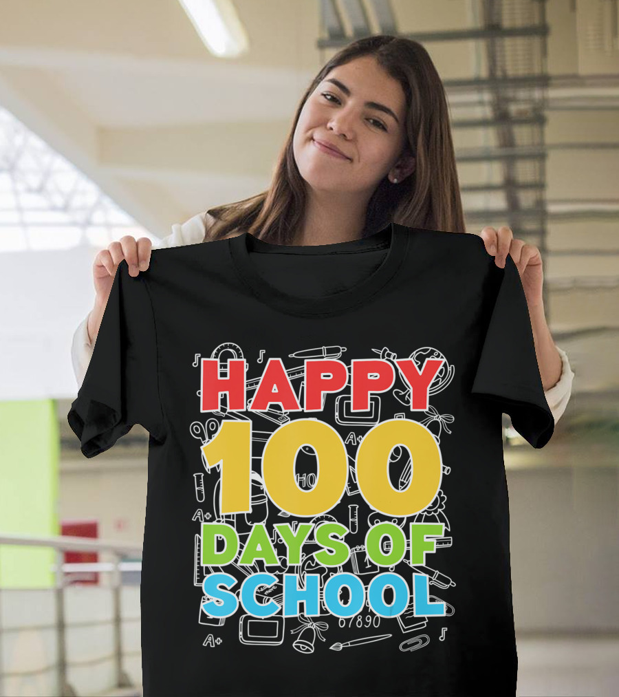 Happy 100 Days Of School 100Th Day Of School Celebratory Icons and School Supplies T-Shirt