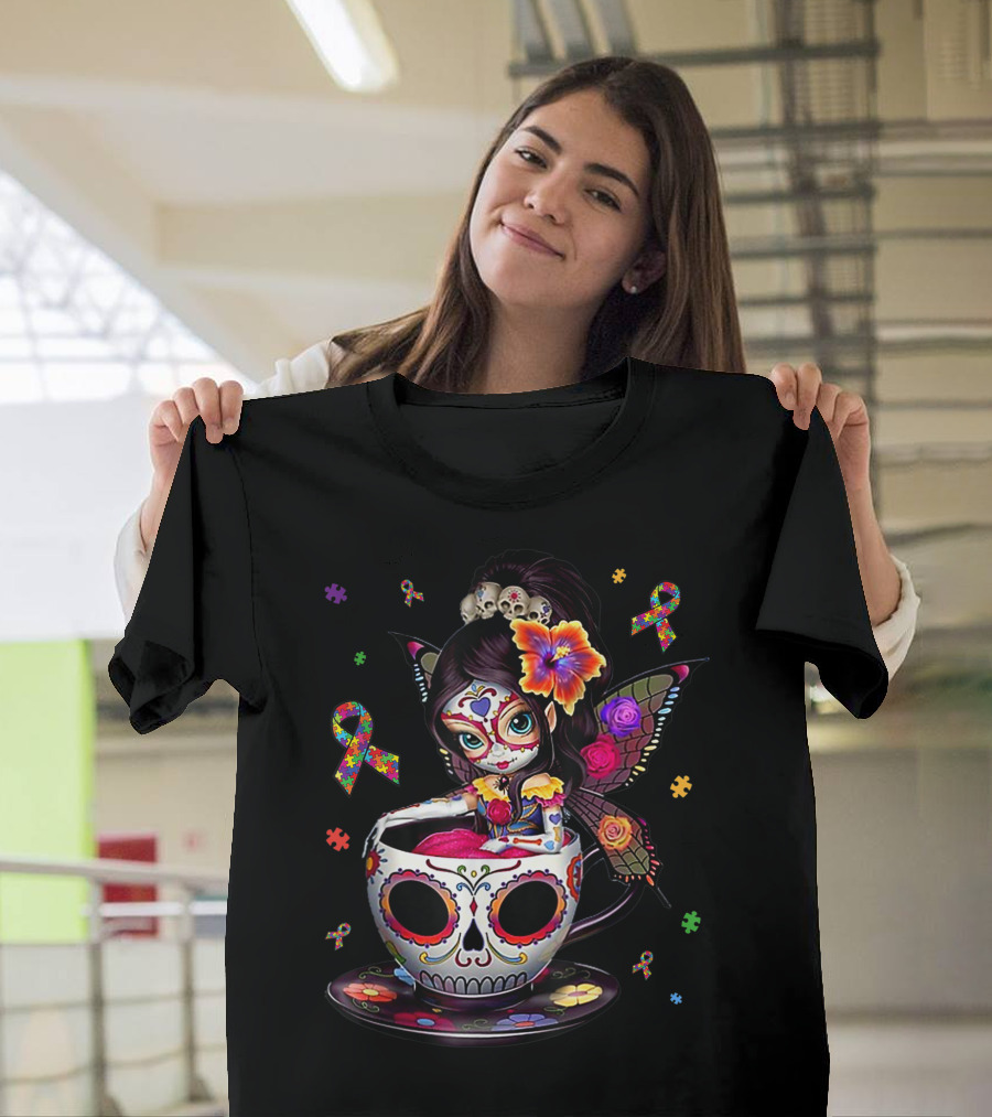 Autism Awareness Sugar Skull Fairy with Coffee Cup and Puzzle Ribbons T-Shirt