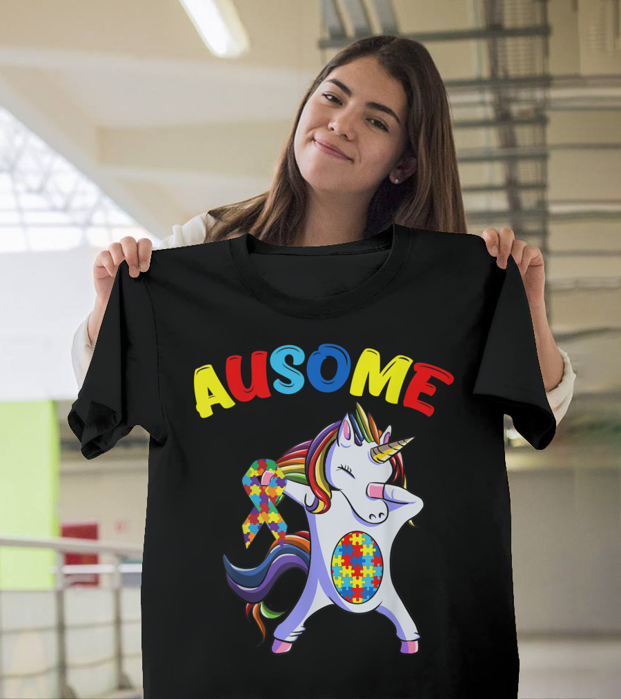 Ausome Autism Puzzle Dabbing Unicorn T-Shirt