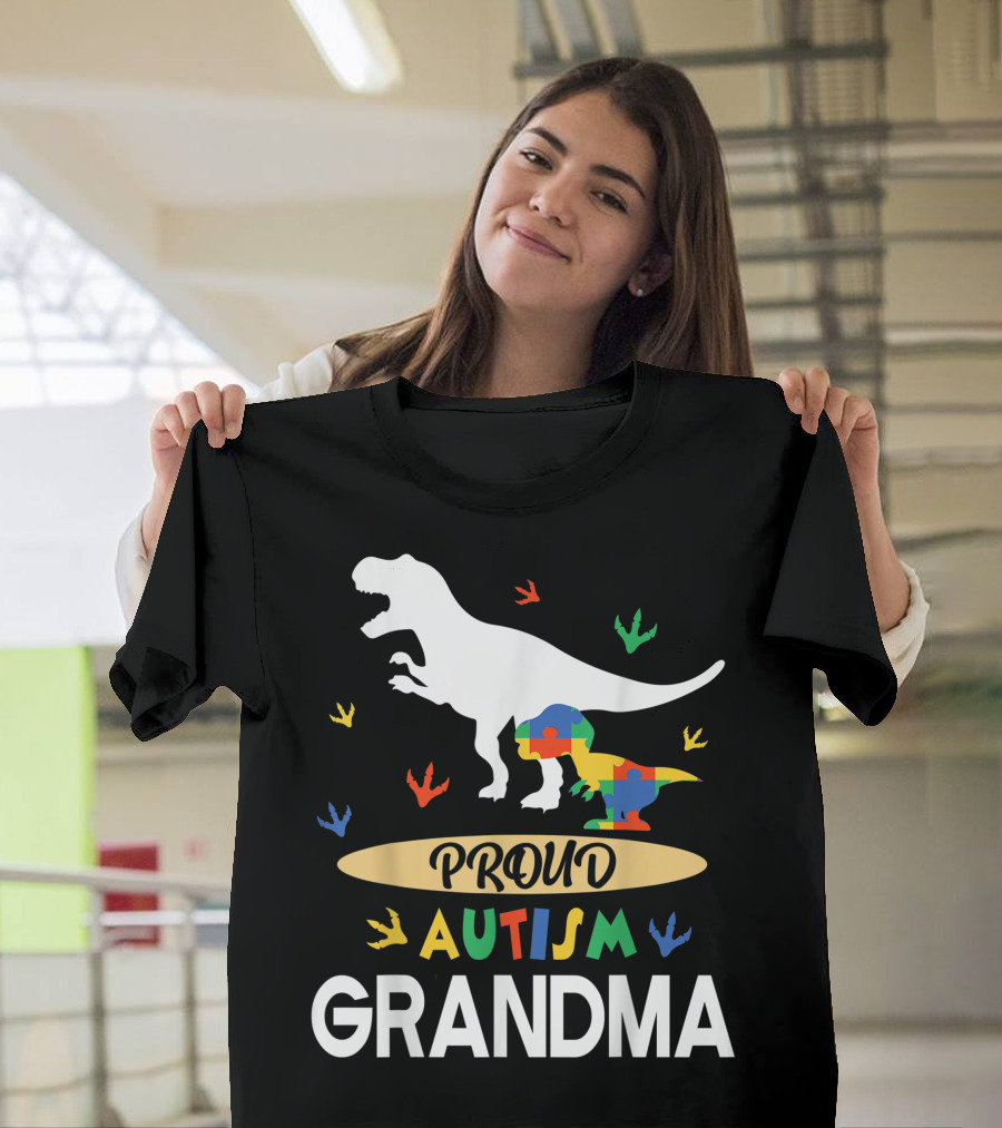 Proud Autism Grandma Dinosaur Puzzle Footprints T-Shirt