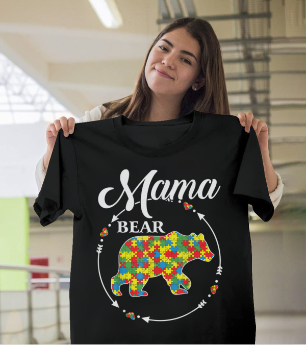 Mama Bear Autism Awareness Support Autistic Puzzle T-Shirt