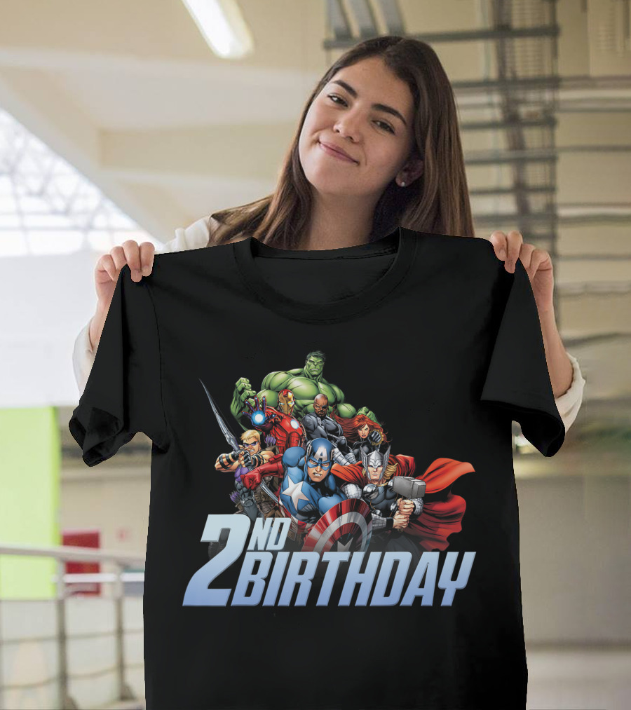 Marvel Avengers 2Nd Birthday Action Shot Captain America Thor Hulk Iron Man Black Widow T-Shirt