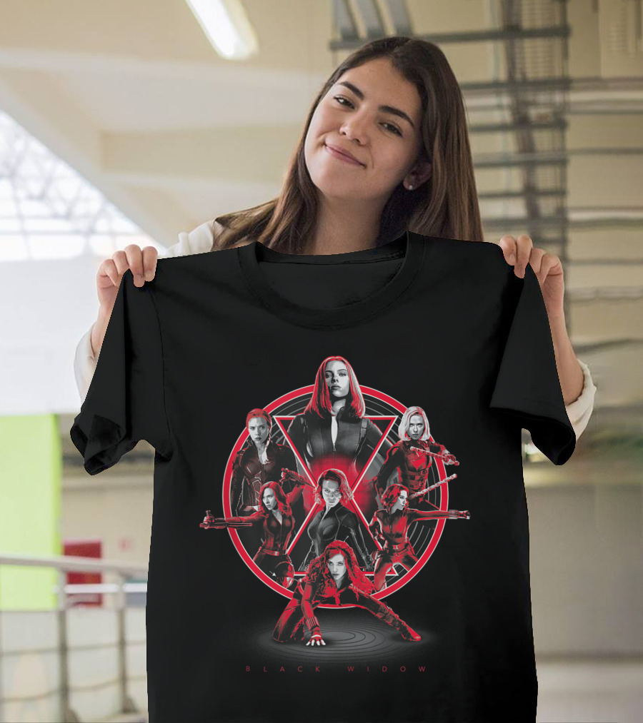 Marvel Avengers Black Widow Iconic Red and Black Ensemble Multiplied Display T-Shirt