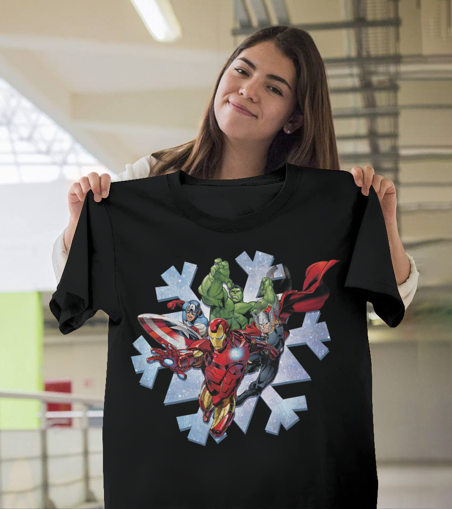 Marvel Avengers Hulk Iron Man Thor Captain America Snowflake Winter Team Up T-Shirt