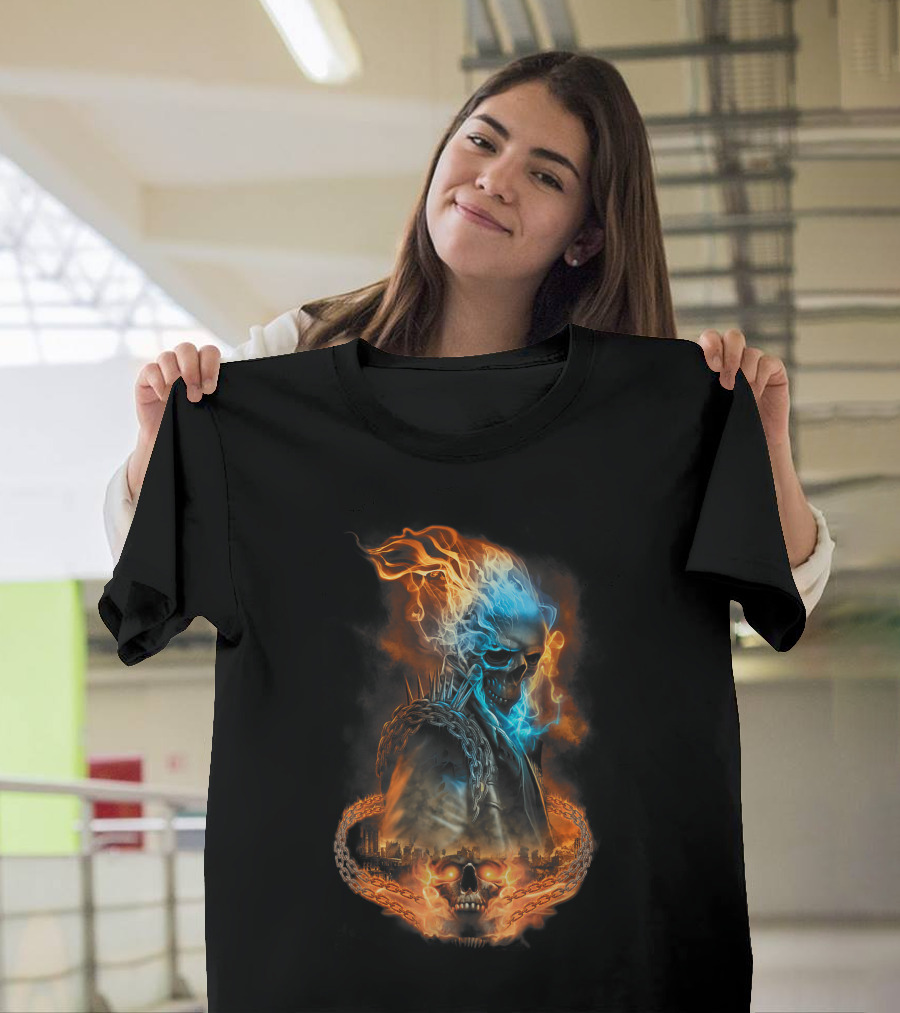 Marvel Ghost Rider Flaming Chains Skull Cityscape T-Shirt
