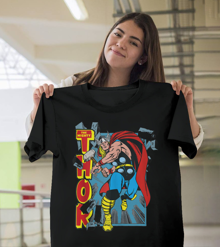 Marvel The Mighty Thor Wall Smash Comic Style Action Scene T-Shirt