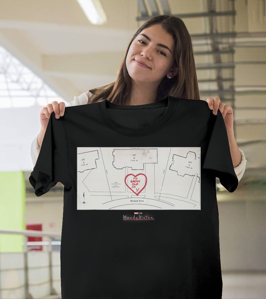 Marvel Studios Wandavision To Grow Old In V Heart Map Sherwood Drive T-Shirt