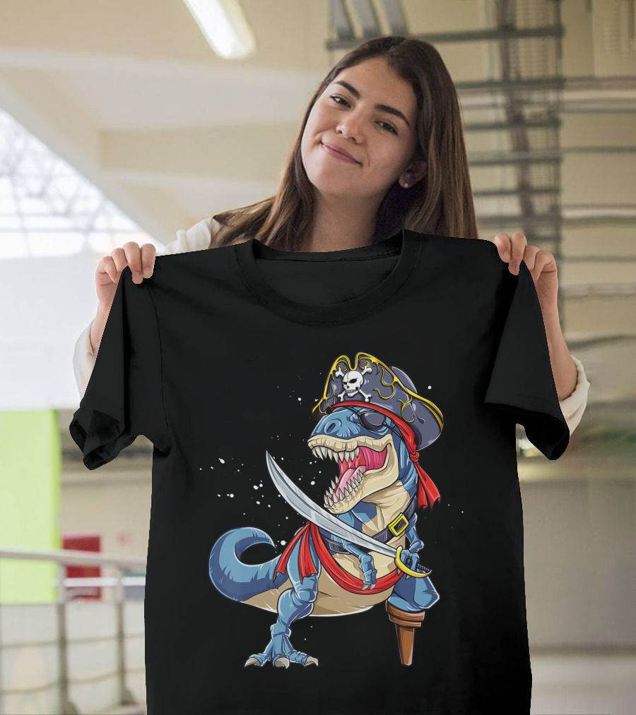 Dinosaur Rex Pirate Jolly Roger Halloween Adventure T-Shirt