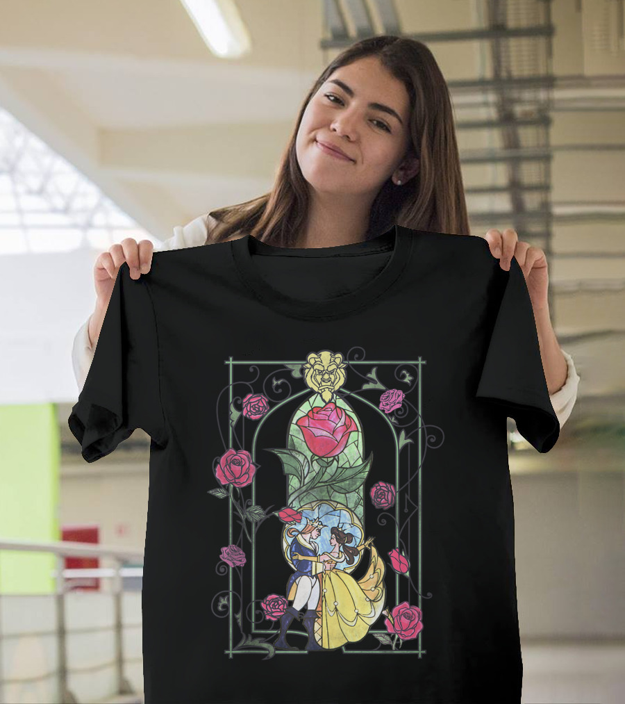 Disney Beauty and the Beast Belle and Beast Stained Glass Roses Romantic Dance Scene T-Shirt
