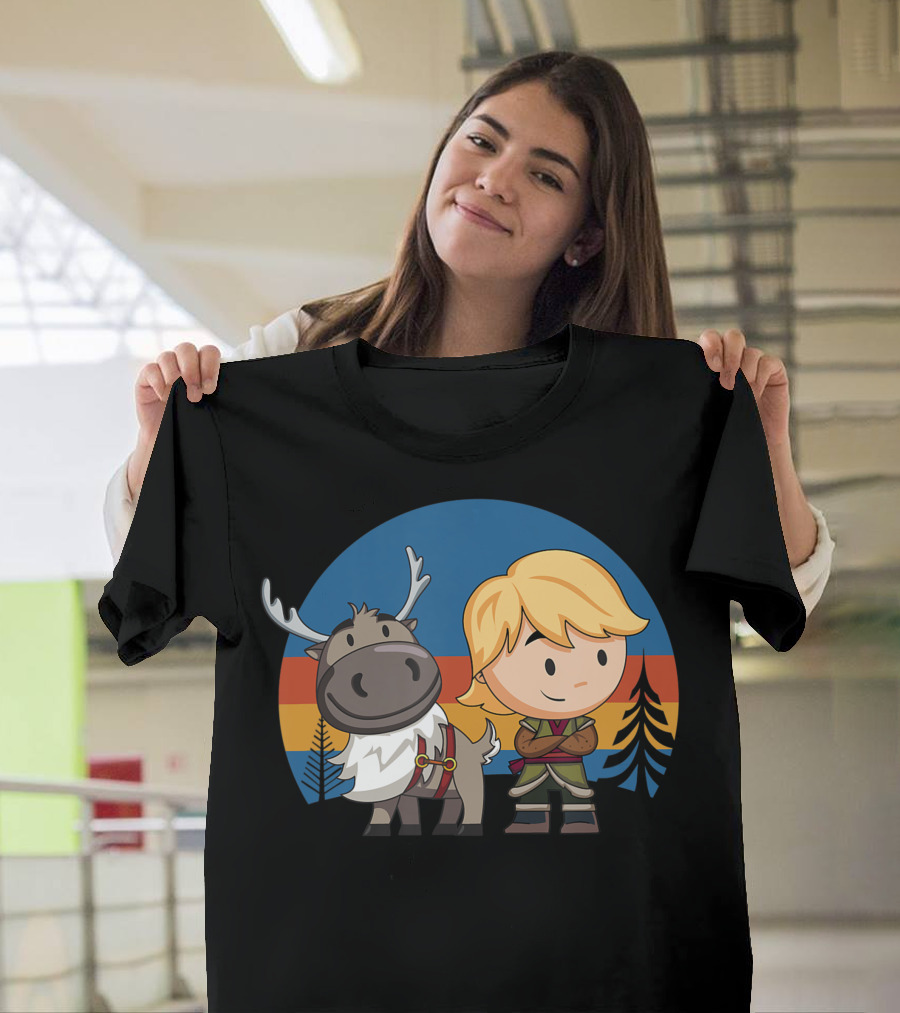 Frozen 2 Sven and Kristoff Chibi Character Duo in Colorful Retro Circle T-Shirt