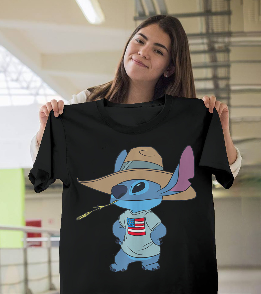 Disney Lilo And Stitch Americana Cowboy Hat Flag T-Shirt