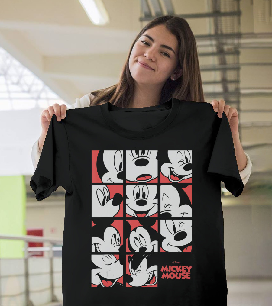 Disney Mickey Mouse Expressions Boxes Black Red Grid T-Shirt