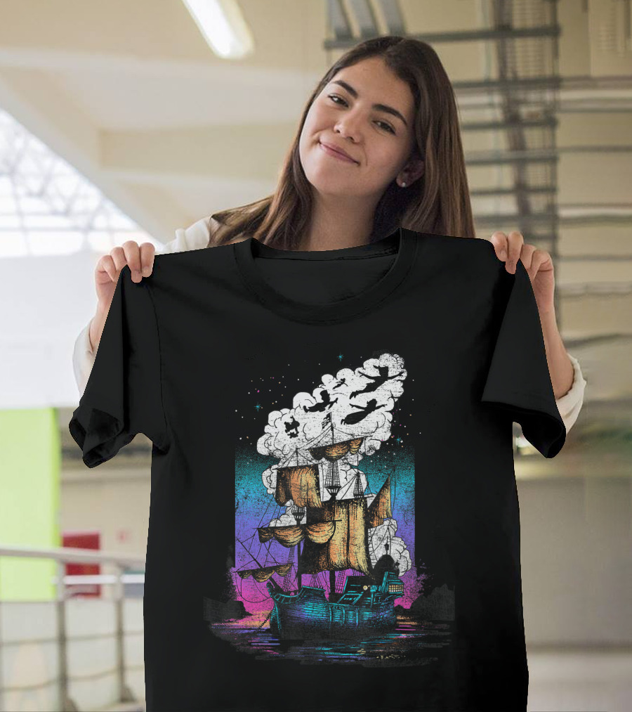Peter Pan Pirate Ship Flight with Neon Sky and Silhouettes Disney T-Shirt