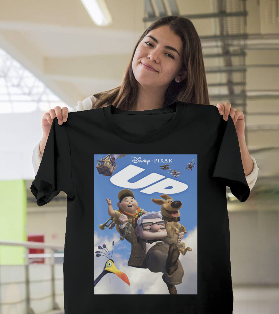 Disney Pixar Up Adventure Characters and House in Sky with Kevin Dug Airplanes T-Shirt
