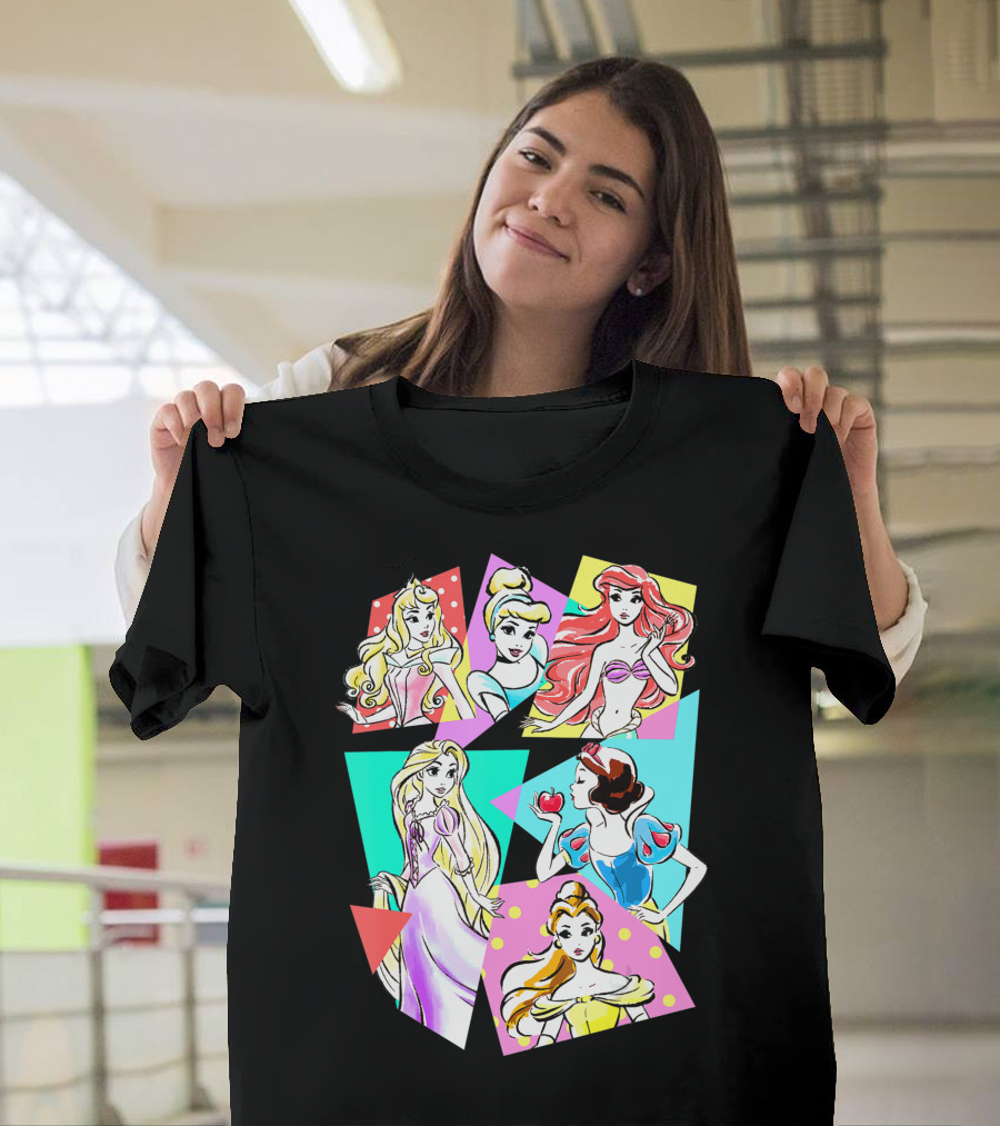 Disney Princesses Neon Pop Art Sketch Aurora Cinderella Ariel Rapunzel Snow White Belle T-Shirt