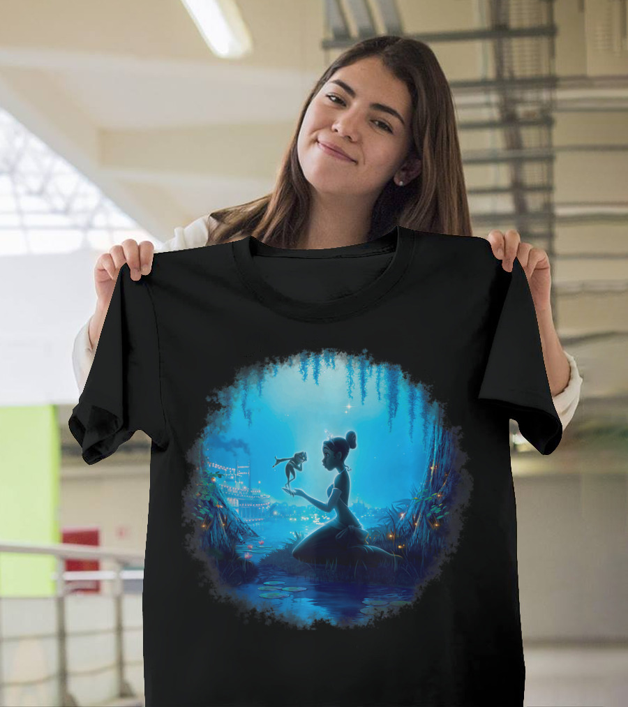 Disney The Princess And The Frog Tiana Holding Frog Naveen In Magical Swamp Scene T-Shirt