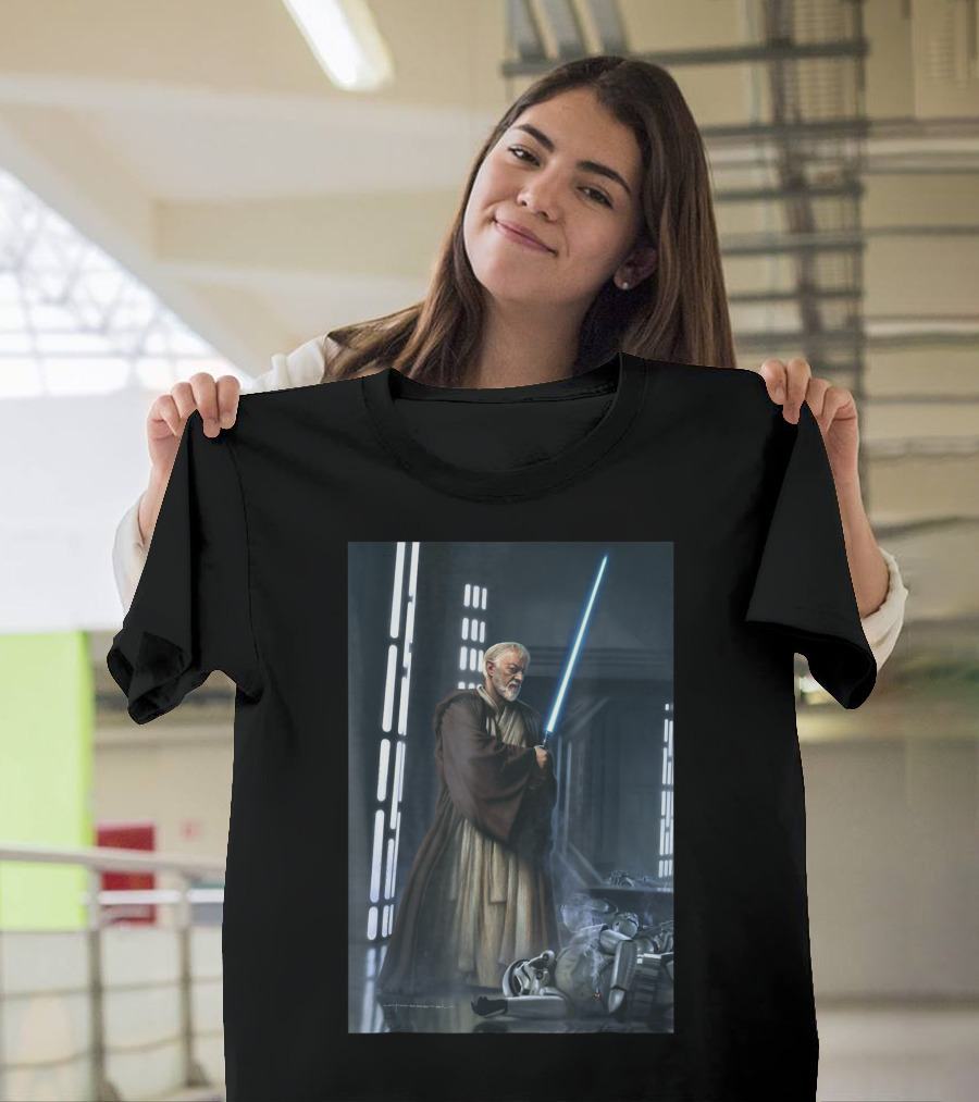 Star Wars Obi Wan Kenobi with Blue Lightsaber in Sci-Fi Setting T-Shirt