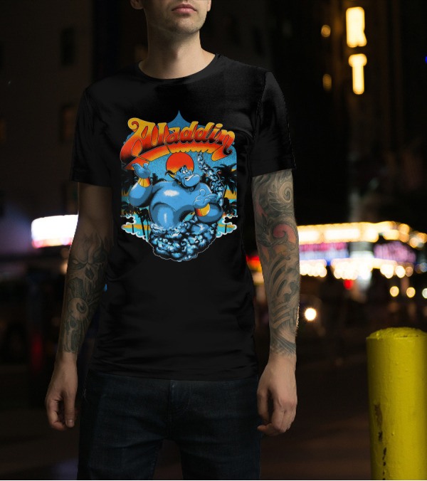 Aladdin Distressed Genie Tropical Sunset Scene T-Shirt