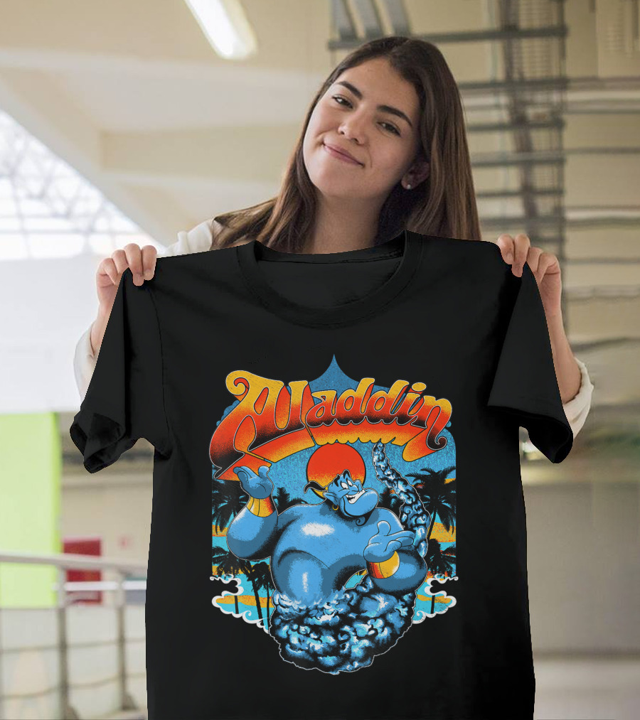 Aladdin Distressed Genie Tropical Sunset Scene T-Shirt
