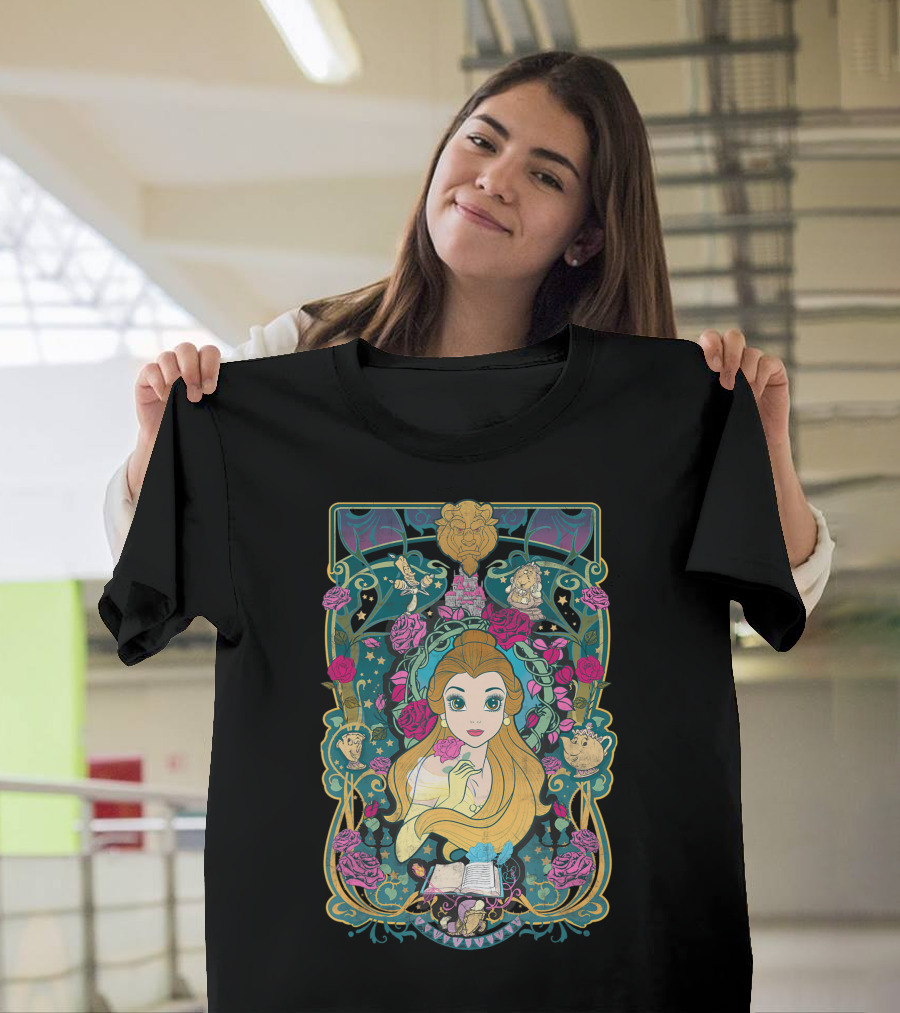 Disney Beauty And The Beast Belle Stained Glass Roses Lumière Cogsworth Mrs. Potts Chip Enchanted Rose T-Shirt